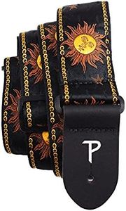 Perris Leather Guitar Strap - Sunshine Motif Jacquard Ribbon Guitar Strap, with Leather Ends - Electric/Acoustic/Bass Guitar Strap - Adjustable Strap From 39″ to 58″ - Black