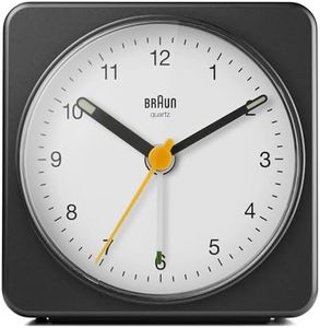 Braun Classic Analogue Alarm Clock with Snooze and Light, Quiet Quartz Sweeping Movement, Crescendo Beep Alarm in Black and White, Model BC03BW.