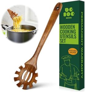 Bkiok Teak Wood Pasta Fork for Cooking, Noodle Spaghetti Spoon Server, Elaborately Polished Wooden Pasta Server with Teeth