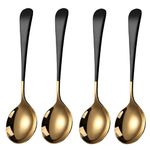 Potency 4 Pcs Premium Gold Black Soup Spoons, Thick Heavy Duty Stainless Steel Dessert Spoons, Deep Spoons for Bouillon Milk Soup Hot Chocolate Tea, Party Family Children Lover Gift, 7.1-inch