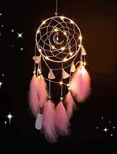 Nice Dream Pink Dream Catchers, Room Nursery Decor for Girls Boys, Handmade Feather Wall Decor with Lights, Home Ornaments Craft Gift for Bedroom