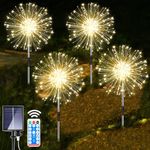 yowin Solar Firework Lights 4 x 120 LED Solar Garden Lights, 8 Modes Copper Wire Starburst Lights with Remote, Outdoor Waterproof Solar Firefly Lights for Pathway Landscape Decorations (Warm White)