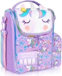 iDensic Kids Double Decker Cooler Insulated Lunch Bag for Boys, Girls, Men, and Women, with Adjustable Strap Reusable Toddler Lunchbox for School and Daycare Cute Travel Bags (Purple Unicorn)