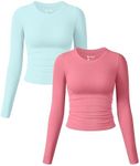 OQQ Womens 2 Piece Shirts Long Sleeve Crew Neck Ruched Stretch Basic Fitted Tee Shirts Tops Sea Salt Blue Dry Rose