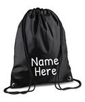 cf Custom Funky Personalised Premium Drawstring Gym Bag (Embroidered Name) Kids Children Boys, Girls Backpack, (Black)