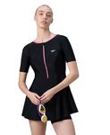 Speedo Women's Endurance10 Short Sleeve Closedback Swimdress with Boyleg | Swimming Costume | Swimming Suit for Women | Chlorine Resistance | UPF 40+ Sun Protection | Removable Bra Pads