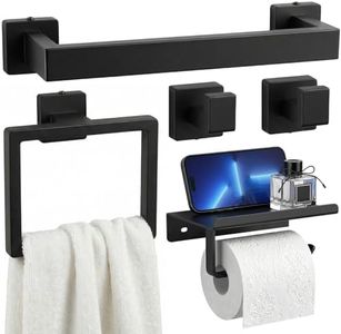 Tudoccy 5-Pieces Matte Black Bathroom Hardware Set SUS304 Stainless Steel Round Wall Mounted - Includes 16" Hand Towel Bar, Toilet Paper Holder, 3 Robe Towel Hooks,Bathroom Accessories Kit