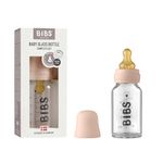 BIBS Baby Glass Bottle. Anti-Colic. Round Natural Rubber Latex Nipple. Supports Natural Breastfeeding, Complete Set - 110 ml, Blush