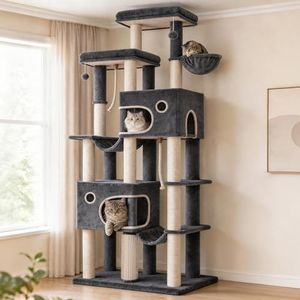 Hzuaneri Large Cat Tree, 213 cm Tall Cat Tower for Indoor Cats Large Cats Maine Coon, Extra Large Baseboard, 2 Platforms, 2 Spacious Caves, 10 Sisal Scratching Posts, 2 Hammocks, Dark Grey MS21418SG
