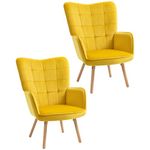 HOMCOM Modern Accent Chair Velvet-Touch Tufted Wingback Armchair Upholstered Leisure Lounge Sofa Club Chair with Wood Legs, Set of 2, Yellow