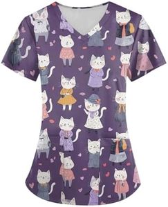 Scrub Tops Women V Neck Nurse Uniforms Plus Size Cute Print Tops with Pockets