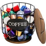 yarlung Coffee Pod Holder with Lid, Large Capacity K Cup Coffee Filter Holder with Rustic Wooden Base, Black Wire Coffee Storage Basket for Kitchen Countertop, Coffee Bar, Coffee Station Organizer