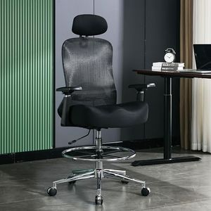Ergonomic Drafting Chair 450Lbs, Mesh Executive Tall Office Chair, High Back Standing Desk Chair with Adjustable Headrest, Back, Arm & Foot Ring, Swivel Computer Gaming Chairs for Standing Desk, Black