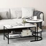 KOTEK Coffee Table Set of 2, Rectangular Living Room Table & Small Round End Table Sets, White Faux Marble & Sturdy Metal Frame, Modern Nesting Coffee Tables with Storage Shelf (Black)