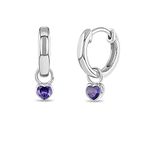 925 Sterling Silver Petite Simulated Amethyst Birthstone Heart Charm Hoop Earrings For Girls 12mm - Purple Cubic Zirconia Earrings For Girls - Beautiful Jewelry Gift Idea for Girls Born in February