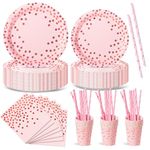 Nkaiso Party Tableware 120 Pieces Pink and Rose Gold Kids Birthday Party Plates Party Supplies Set Includes Paper Plates Napkins for Birthday Decorations Christening Wedding Shower-24 Guests