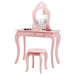 COSTWAY Kids Vanity Table and Stool, 2 in 1 Girls Makeup Dressing Table with Removable Mirror and Drawer, Wooden Children Study Desk and Chair Set (Pink)