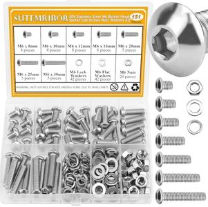 151 Pieces M6 Screws Nuts Washers Set, Sutemribor M6 x 8/10/12/16/20/25/30mm Button Head Socket Cap Screws Nuts Washers Assortment Kit, 304 Stainless Steel, Fully Threaded