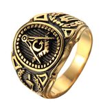 OAKKY Men's Stainless Steel Vintage Masonic Freemason Ring Symbol Member Gold Band Size S