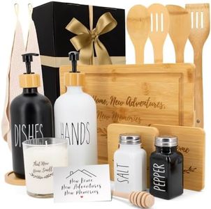 Happy Banana House Warming Gifts New Home – Home Essentials for New Home Gift Set Includes Scented Candle, Bamboo Cutting Board, Soap Set, Towels, Salt and Pepper Shaker – Luxury New House Must Haves