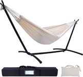 Hammock with Stand, Ohuhu Double Hammock with Space Saving Steel Stand & Pillow 2 Person Hammocks with Portable Carrying Bag for Camping Garden Patio Indoor Use Gift for Birthday, Beige