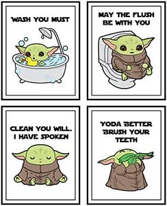 Silly Goose Gifts This Is The Way Bounty Hunter Bathroom Wall Art Print Set - Baby Yoda Movie Themed Bathroom Decor - Funny Bathroom Reminders Quotes - Posters for Walls - Set of 4 (Baby Yoda)