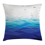 Ambesonne Aqua Throw Pillow Cushion Cover by, Graphic Ocean Waves Sailboat with Birds Seagulls Seascape Horizon Maritime, Decorative Square Accent Pillow Case, 18 X 18 Inches, Navy Blue Aqua White