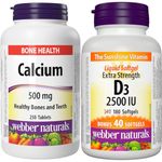 Webber Naturals Calcium Carbonate, 250 Tablets, Helps Support Bones and Teeth & Vitamin D3 2500 IU Extra Strength, 180 Softgels, For Healthy Bones, Teeth, and Helps Prevent Vitamin D Deficiency