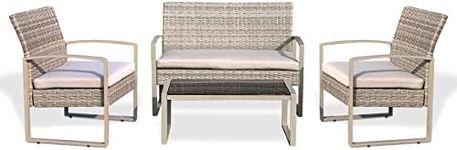 SereneLife SL4PCBR53.3 4 Pcs. Patio Outdoor Rattan Furniture Set-Includes 1 Double 2 Single Chairs, and 1 Glass-top Coffee Table (Light Gray), Taupe