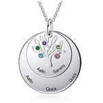 Grand Made Personalized 5-7 Engraved Names Tree of Life Pendant Simulated Birthstones Family Necklace 925 Sterling Silver Jewelry Gift for Women Ladies Mother Mum Best Friends Friendship (5 Names)