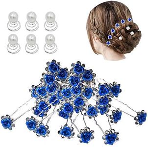 inSowni 40pcs Bridal Wedding Rhinestone Rose Flower U-shaped Hair Pins & 6pcs Twist Pearl Hairpins Headpiece Set in Gift Box for Women Girls Bridesmaid (Royal Blue Set)