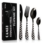 CAMRI 16 Pc Cutlery Set - Stainless Steel, Silverware Tableware, Knife Fork Spoon Set for 4, Dishwasher Safe (Cross Black Pattern)