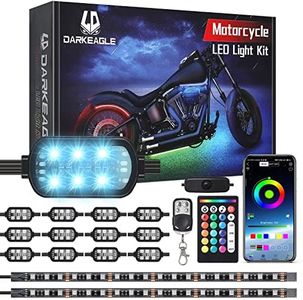 LD DARKEAGLE 14PCS Motorcycle RGB LED Lights Kit with Brake Turn Signal, Motorcycle LED Underglow Kit with APP/RF Remote Control, Underbody Lights Dual Zone Multi Color Waterproof 12v for Harley Honda