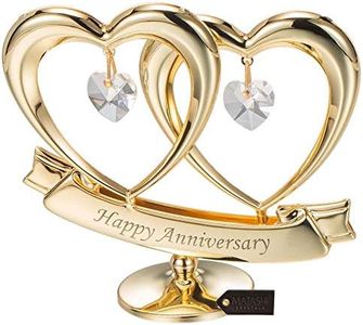 24K Gold Plated Double Heart with Happy Anniversary Banner with Clear-Cut Crystals