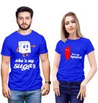 Hangout Hub HH136 Men's & Women's Cotton Half Sleeve T-Shirts She is My Sugar He is My Spice Printed(Blue;Men M;Women XS)-Set of 2-Couple T-Shirts