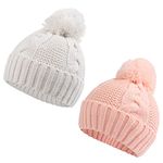 Zsedrut Baby Girls Winter Hat Infant Twist Beanie Cold Weather Warm Pompom Hat(White+Pink, 6-12 Months)