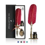 VANGOAL Vintage Carving Feather Pen Set, Glittering Quill Pen Set Antique Calligraphy Writing Dip Pen with Ink, 2 Replacement Nibs, Pen Stand Base, Luxury Vintage Signature Pen (Red)