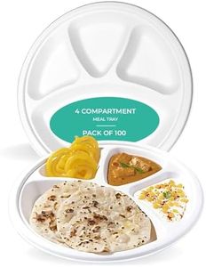 Eco Earth (100 Pack 4 Compartment Disposable Meal Tray - Compostable Bagasse Plates Biodegradable Sugarcane Disposal Plate for Dinner Natural & Eco Friendly Non-Absorbent Heavy Duty, White