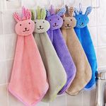 ALOUD CREATIONS 4Pc Cute Plush Animal Hand Towels with Hanging Loop | Rabbit Theme | Wash Basin Hanging Hand Towel | Sink Towel | Soft Hand Towel for Bathroom & Kitchen | 400 GSM | Assorted Colours