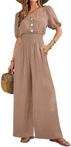 LOOKBOHO Jumpsuits for Women Short Sleeve High Waist Wide Leg Rompers Dressy Casual V Neck One Piece Outfits Dusty Pink M