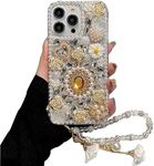 iFiLOVE for iPhone 16 Pro Max Bling Diamond Case with Flower Strap, 3D Luxury Sparkle Glitter Crystal Rhinestone Pearl Love Rose Wristband Bracelet Case Cover for Girls Women Kids (White)