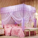 Uozzi Bedding Mosquito Net Bed Canopy-Lace Luxury 4 Corner Square Princess Fly Screen, Indoor Outdoor(Purple, Twin)