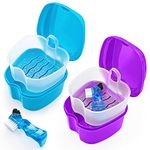 2 Pack Denture Case Dental Mouthguard Case, Denture Bath Box Cleaning with Brush, Strainer Basket and Lid Waterproof - Purple and Blue