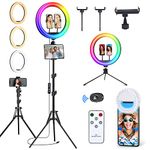 𝗡𝗲𝘄𝗲𝘀𝘁 13" Selfie Ring Light with 63" Stand and 3 Phone Holder, 53 Lighting Modes, iPad Holder, Remote, Desk Tripod, RGB Ringlight for iPhone. Vlogging Circle Led Halo Light Photo Video Kit