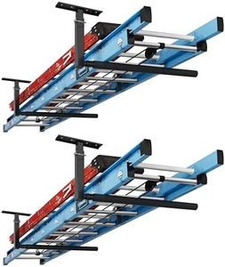 FLEXIMOUNTS 2 Pack Adjustable Overhead Ladder Rack, Garage Ceiling Storage Rack, Ladder Storage Organizer, 35" Extended Arms, 90 lbs Per Arm Heavy Duty Steel Rack for Kayak, Surfboard & Tools