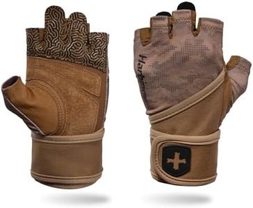 Harbinger Pro Wristwrap Gloves 3.0 - Enhanced Grip, Superior Wrist Support, Breathable 4-Way Stretch Lycra, Durable Leather Palm, Half-Finger Design for Weightlifting, Gym, Tan Camo, X-Large - Men's