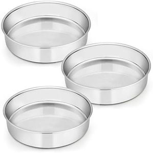 E-far 8 Inch Cake Pan Set of 3, Stainless Steel Round Layer Cake Baking Pans, Non-Toxic & Healthy, Mirror Finish & Dishwasher Safe