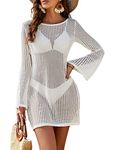 Blooming Jelly Women's Swimsuit Coverup Crochet Bikini Cover Ups Hollow Out Net Longsleeve Swimwear for Beach（L, White）