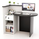 SILKYDRY Reception Desk, Small Retail Checkout Counter with Lockable Drawer and Open Shelves, Wooden Computer Workstation for Home Office Lobby, Black Oval Desktop & White Counter