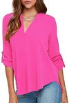 YMING Ladies Sexy V-Neck Chiffon Shirt Cuffed Sleeve Tops Casual Wrap Blouse Bright Pink M/UK 12